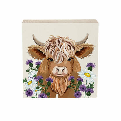 Plow & Hearth Petal & Plow Highland Cow Sign Wood Block, 6"x6"