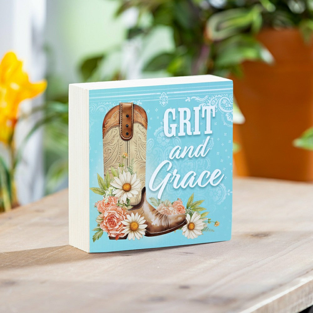 Plow & Hearth Petal & Plow Cowboy Boot Sign Wood Block "Grit and Grace", 6"x6"