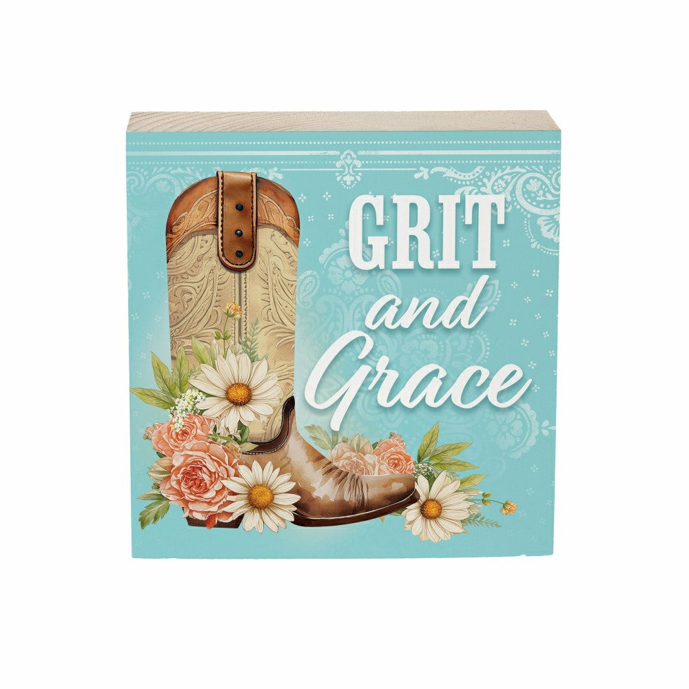 Plow & Hearth Petal & Plow Cowboy Boot Sign Wood Block "Grit and Grace", 6"x6"