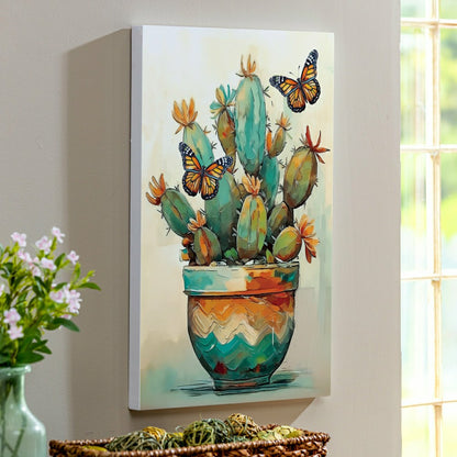 Plow & Hearth Southwest Pueblo Indoor Wall Décor, Wood, Painted Cactus and Butterfly
