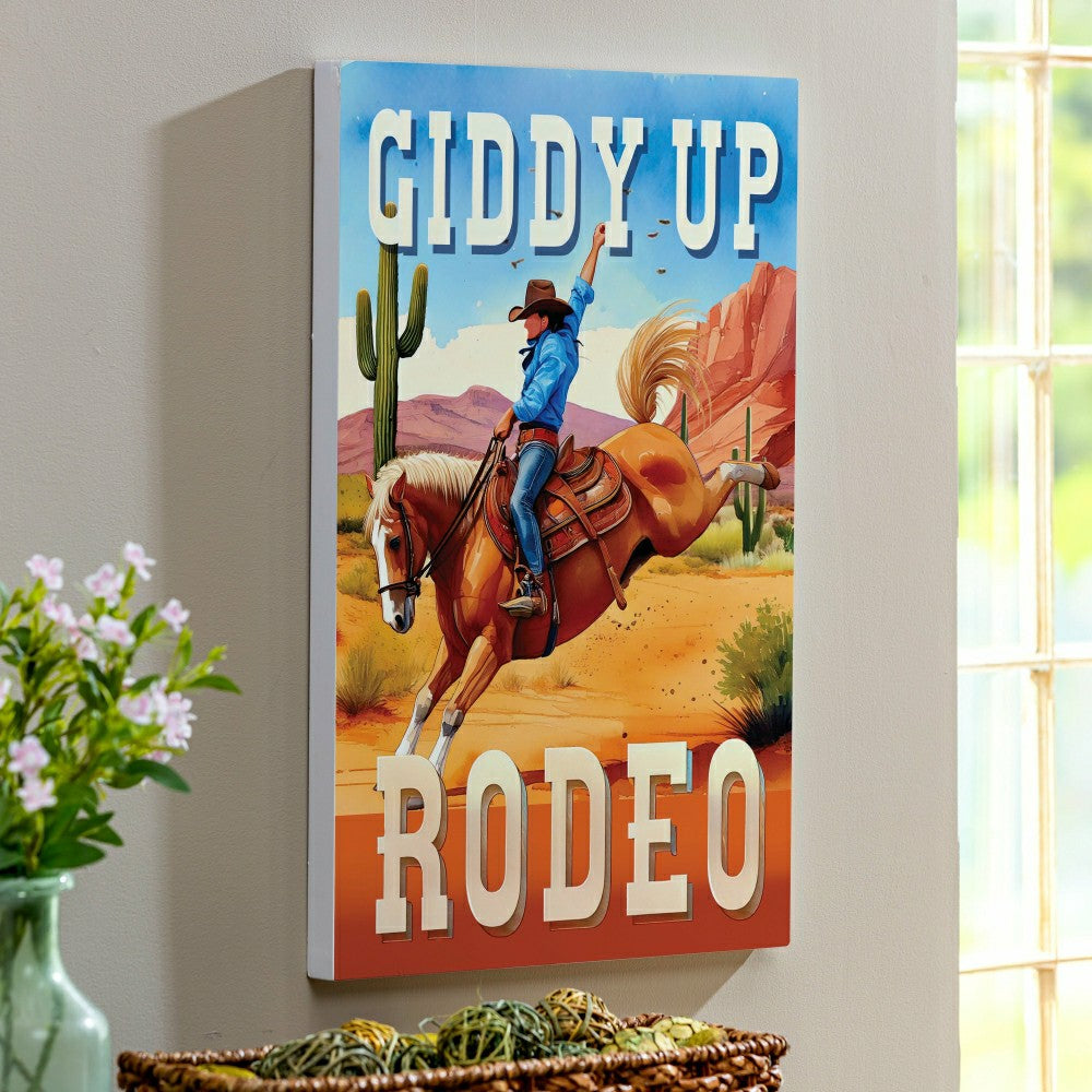 Plow & Hearth Southwest Rodeo Indoor Wall Décor, Wood, Cowboy Giddy Up, 24"x16"