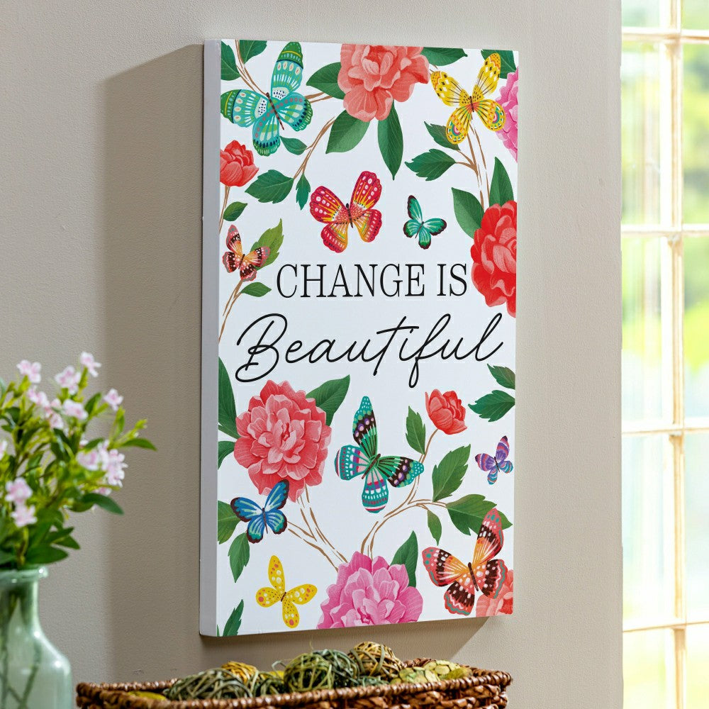 Plow & Hearth Peony Toile Indoor Wall Décor, Wood, Butterfly "Change is Beautiful",