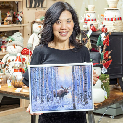 Plow & Hearth Woodland Storybook Indoor Wall Decor, LED Canvas with White Frame, Moo
