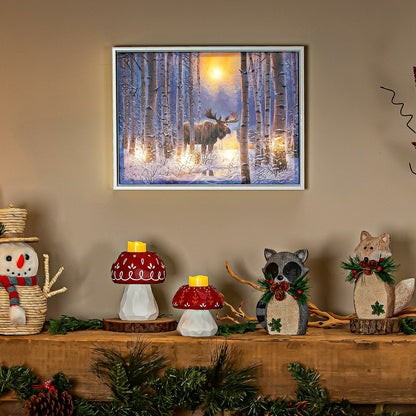 Plow & Hearth Woodland Storybook Indoor Wall Decor, LED Canvas with White Frame, Moo