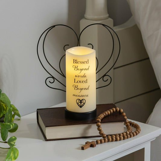 Plow & Hearth Simple Blessings LED Candle with Flickering Flame and Heart Metal Base