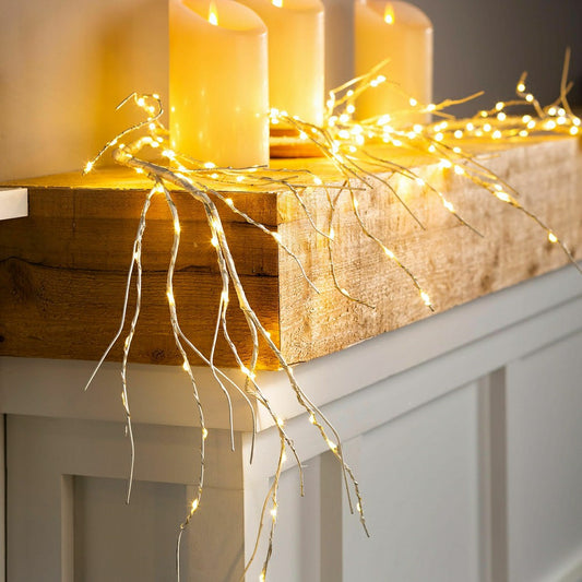 Plow & Hearth Indoor/Outdoor Birch Lighted Garland with 48 Lights Battery Operated,