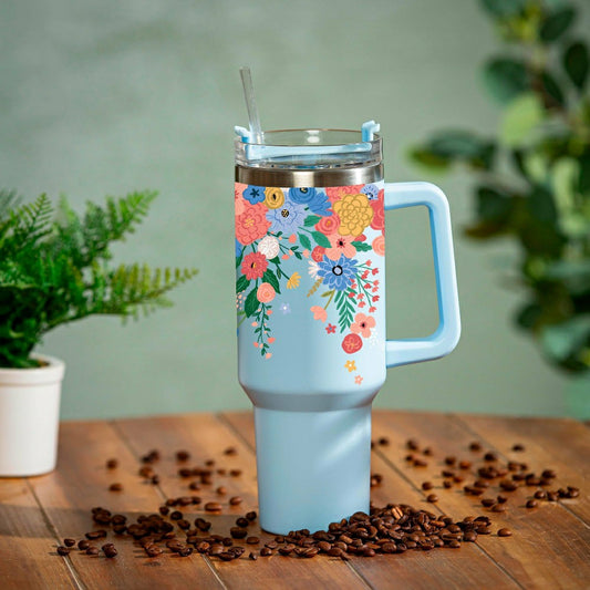 Plow & Hearth Bursting Blossoms Canyon Cup, Double Wall Stainless Steel w/ Straw, 40