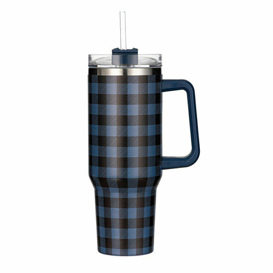 Plow & Hearth Tumbler Stainless-Steel Canyon Cup w/ Straw, Blue Buffalo Check, 40oz,