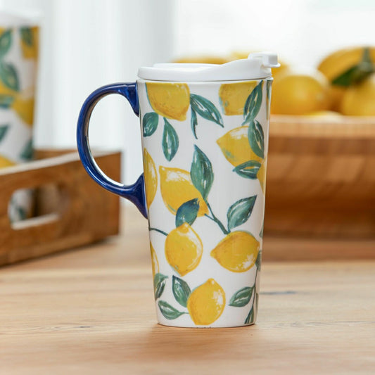 Plow & Hearth Coastal Citrus Lemons Ceramic Perfect Cup, 17oz, Gift Box