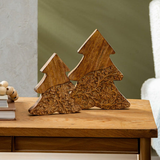 Plow & Hearth VivaStyle Playful Poinsettia Table Decor, Wood Decor, Carved Floral Tr