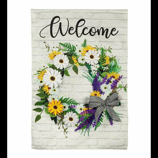 Plow & Hearth Farmhouse Daisy Wreath Burlap Garden Flag