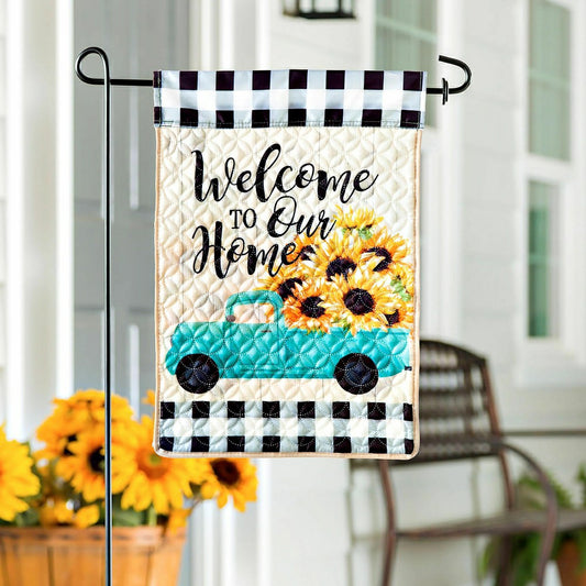 Plow & Hearth Mint Sunflower Truck Garden Quilted Flag