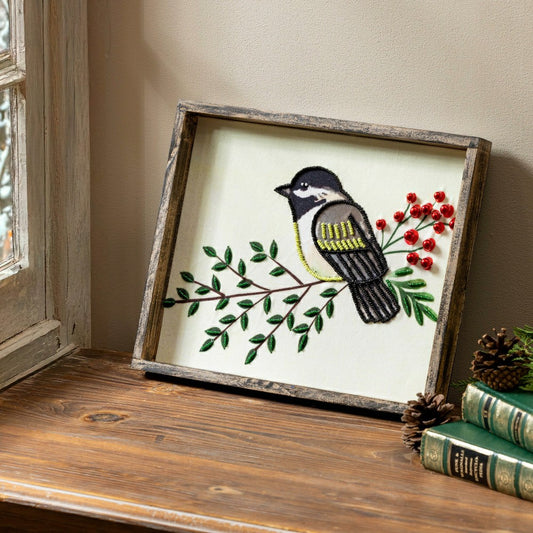 Plow & Hearth Woodland Storybook Indoor Wall Decor, Textile Beaded Chickadee with Wo