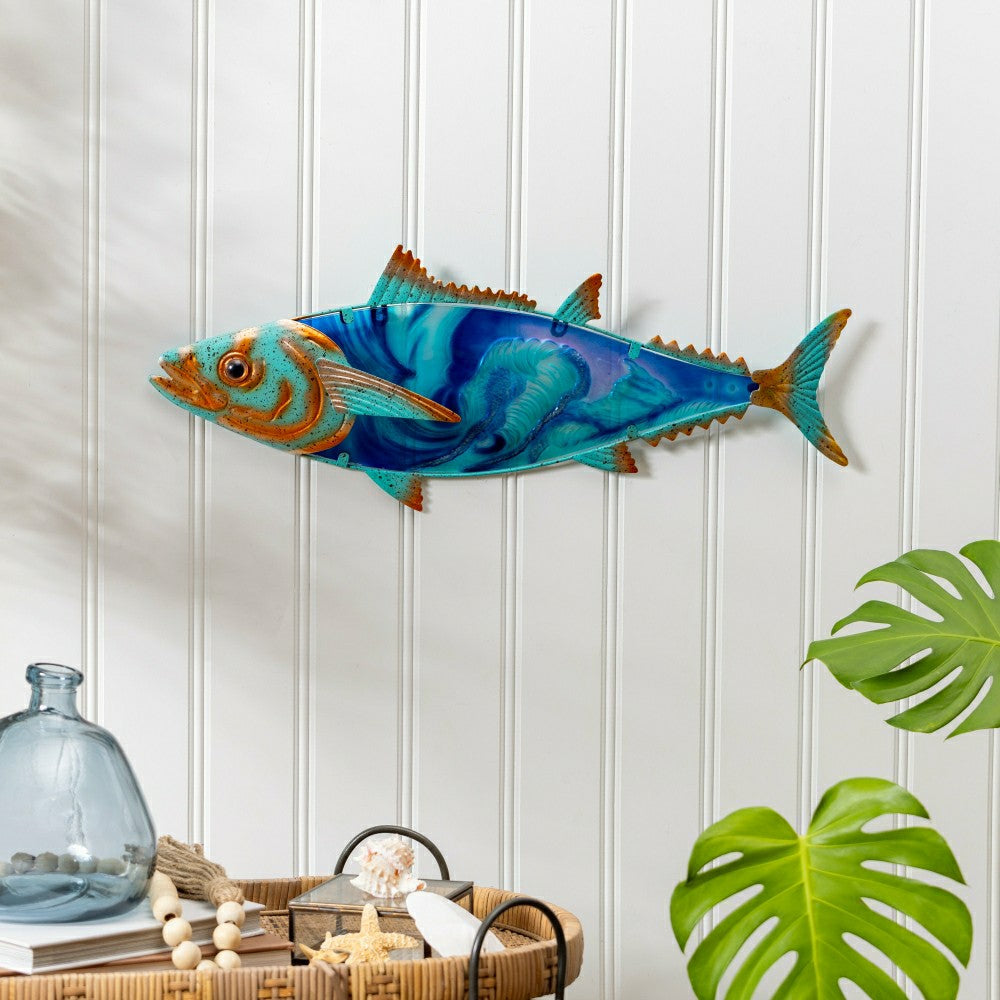 Plow & Hearth Blue Coastal Outdoor Wall Decor, Metal & Glass, Fish with Metallic Fin