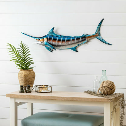 Plow & Hearth Blue Coastal Outdoor Wall Decor, Metal & Glass, Fish with Metallic Fin
