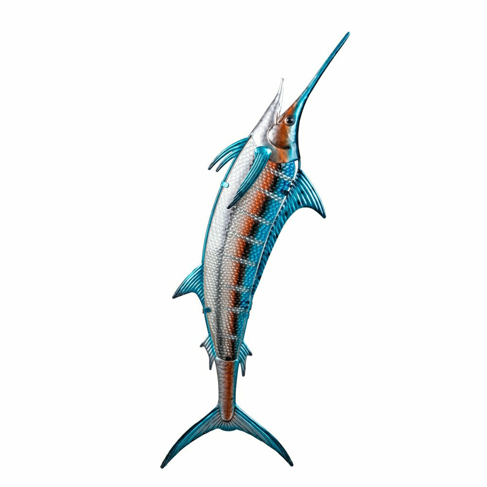 Plow & Hearth Blue Coastal Outdoor Wall Decor, Metal & Glass, Fish with Metallic Fin
