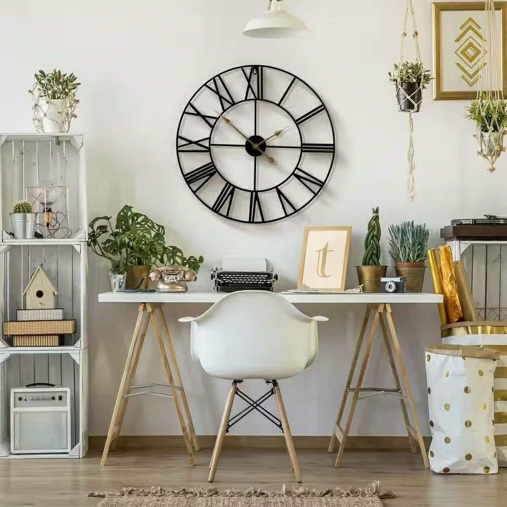 Plow & Hearth Round 24-inch Black Metal Roman Numeral Wall Clock with Gold Hands