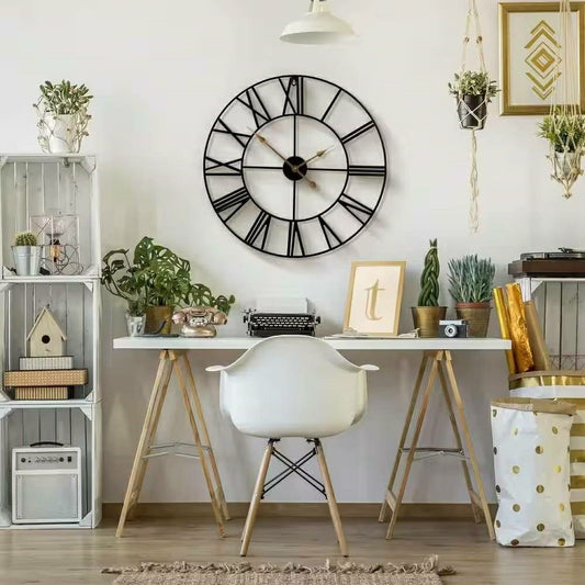 Plow & Hearth Round 24-inch Black Metal Roman Numeral Wall Clock with Gold Hands