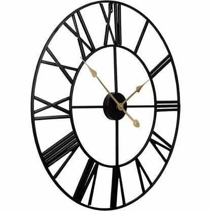 Plow & Hearth Round 24-inch Black Metal Roman Numeral Wall Clock with Gold Hands