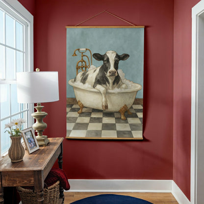 Plow & Hearth Hillside Pasture Indoor Wall Décor Canvas Tapestry, Cow in a Tub