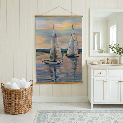Plow & Hearth Seaside Retreat Indoor Wall Décor Canvas Tapestry, Sail Boats