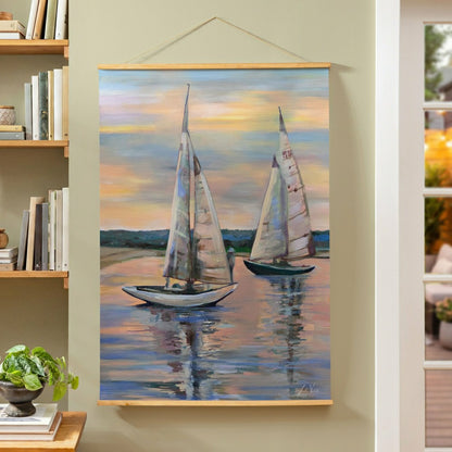 Plow & Hearth Seaside Retreat Indoor Wall Décor Canvas Tapestry, Sail Boats