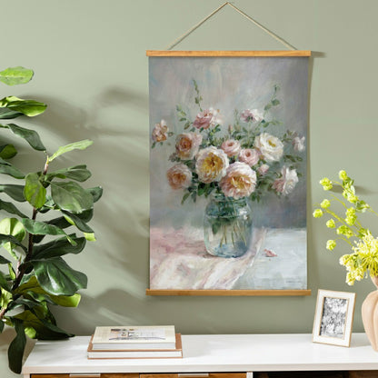 Plow & Hearth Hillside Pasture Indoor Wall Decor Canvas Tapestry, Pink/White Roses i